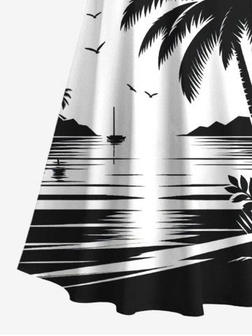 Plus Size Ink Painting Coconut Tree Sun Sea Bird Print Crisscross Cold Shoulder Hawaii Dress
