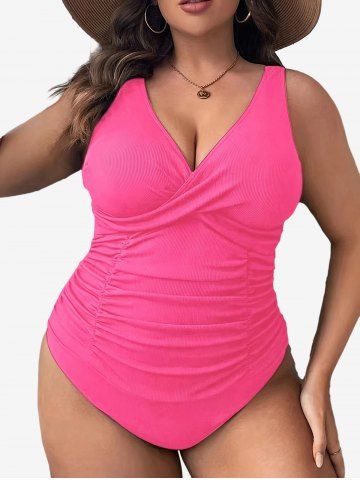 Plus Size Crossover Ruched One Piece Swimsuit - LIGHT PINK - 3XL