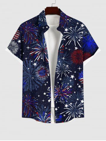 Men's Patriotic American Flag Fireworks Print Buttons Pocket Shirt - BLACK - XL