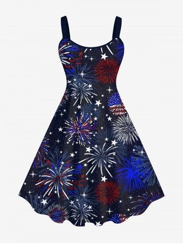 Plus Size Patriotic American Flag Fireworks Print Tank Dress - BLACK - S