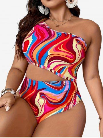 Plus Size Colorful Ribbon Colorblock 3D Print Hollow Out One Shuolder One-piece Swimsuit - MULTI-A - 2XL