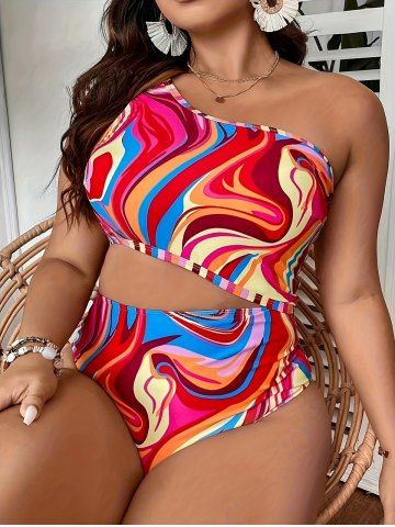 Plus Size Colorful Ribbon Colorblock 3D Print Hollow Out One Shuolder One piece Swimsuit 35 OFF Rosegal