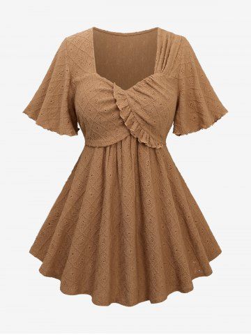 Plus Size Hollow Out Rhombus Embroidery Ruffles Surplice Top - COFFEE - M | US 10