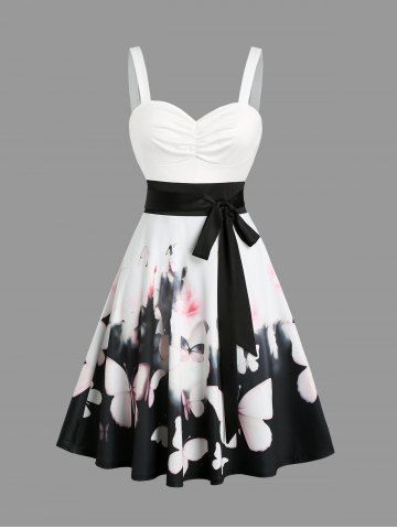 Sweetheart Neck Plum Blossom Print Ruched Bust Tank Belt Dress - MULTI - XXL | US 14