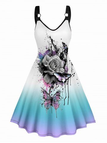 Splatter Tie Dye Butterfly Rose Print O Ring Straps Tank Dress - WHITE - XXL | US 12