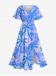 Plus Size Coconut Tree Flowers Print Split Hawaii Dress -  