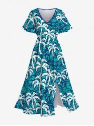 Plus Size Coconut Tree Print Hawaii Split Pocket A Line Dress -  