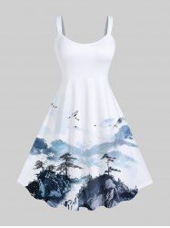 Plus Size Ink Painting Crane Mountain Print Backless A Line Tank Dress -  