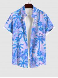 Chemise Décontractée Fleur et Arbre Noix de Coco Imprimés avec Poche de Grande Taille pour Homme - Bleu XL