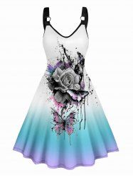 Splatter Tie Dye Butterfly Rose Print O Ring Straps Tank Dress -  