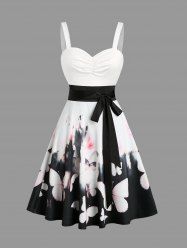 Sweetheart Neck Plum Blossom Print Ruched Bust Tank Belt Dress -  