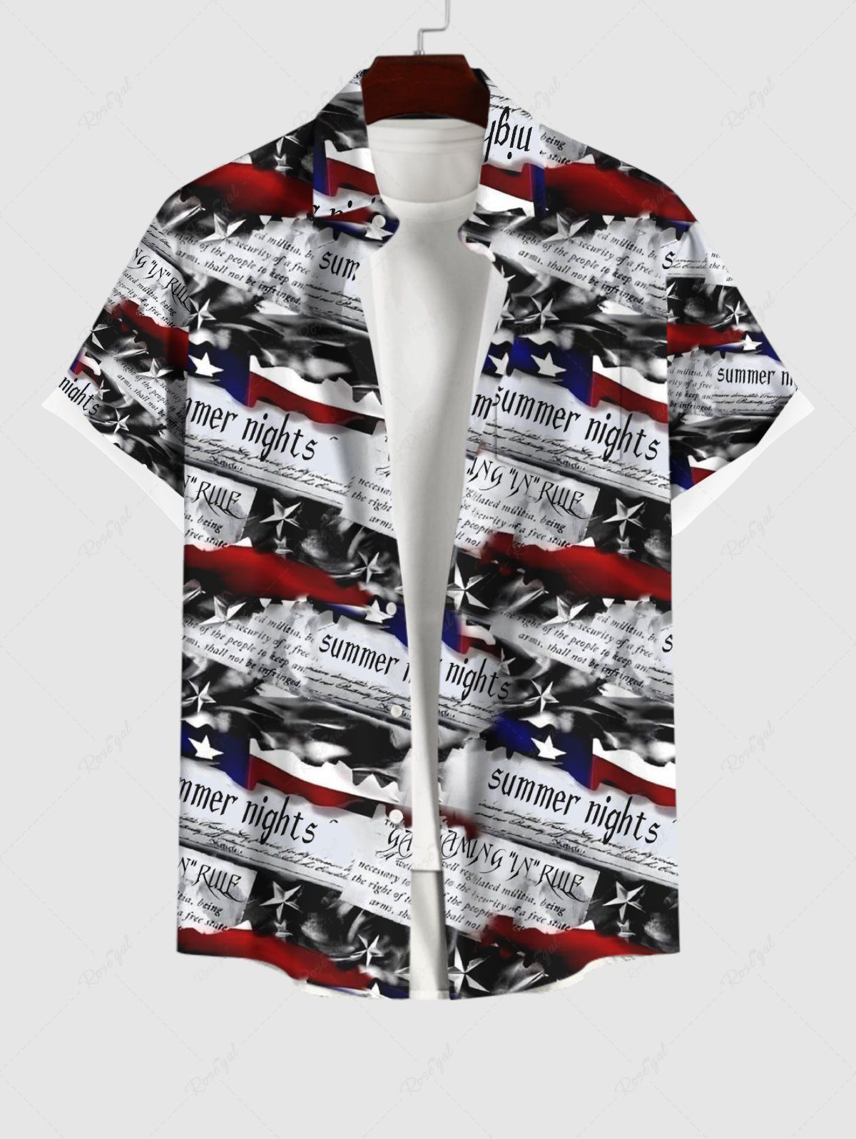 Outfit Men's Patriotic American Flag Newspaper Print Butons Pocket Shirt  