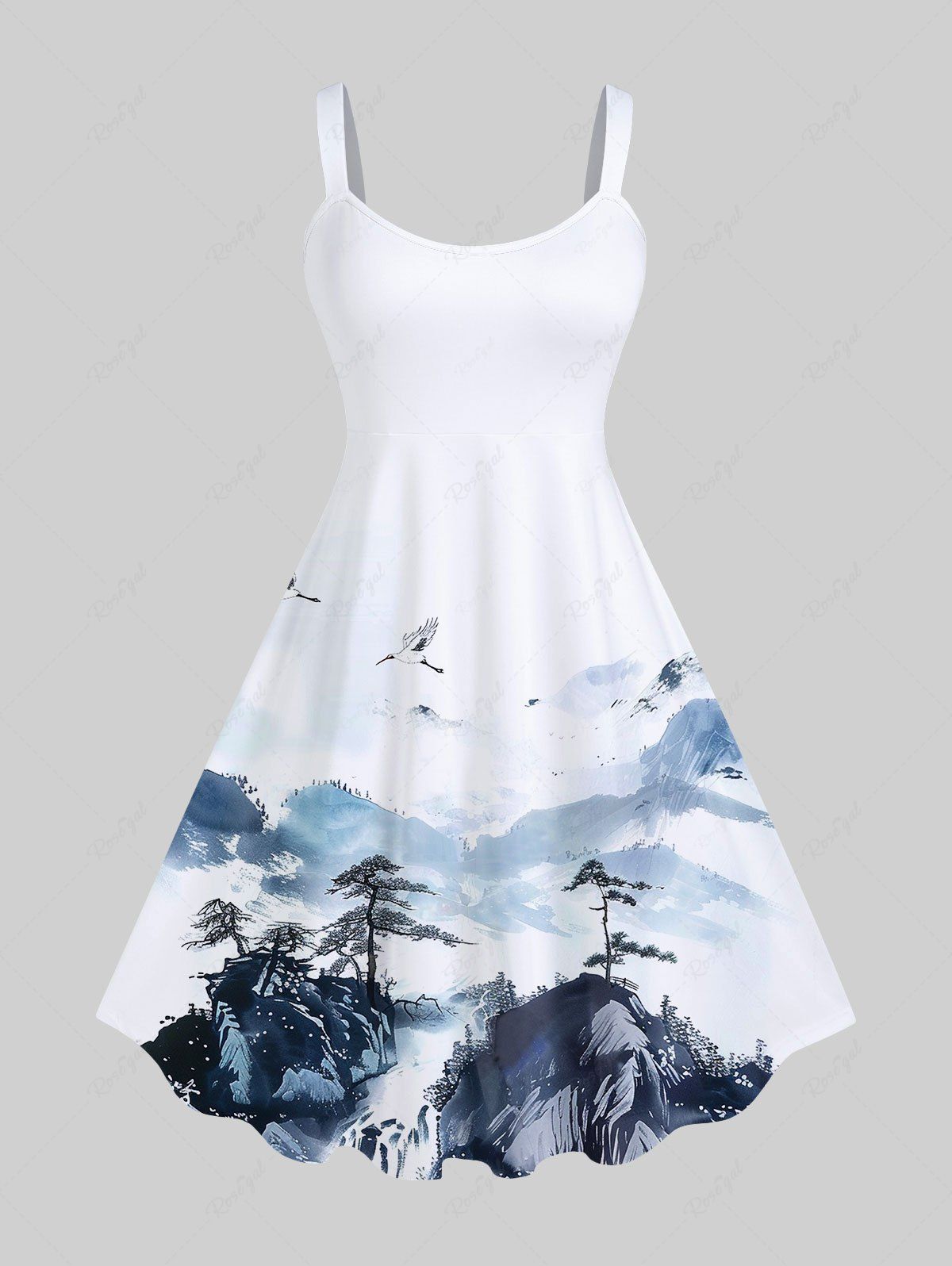 New Plus Size Ink Painting Crane Mountain Print Backless A Line Tank Dress  