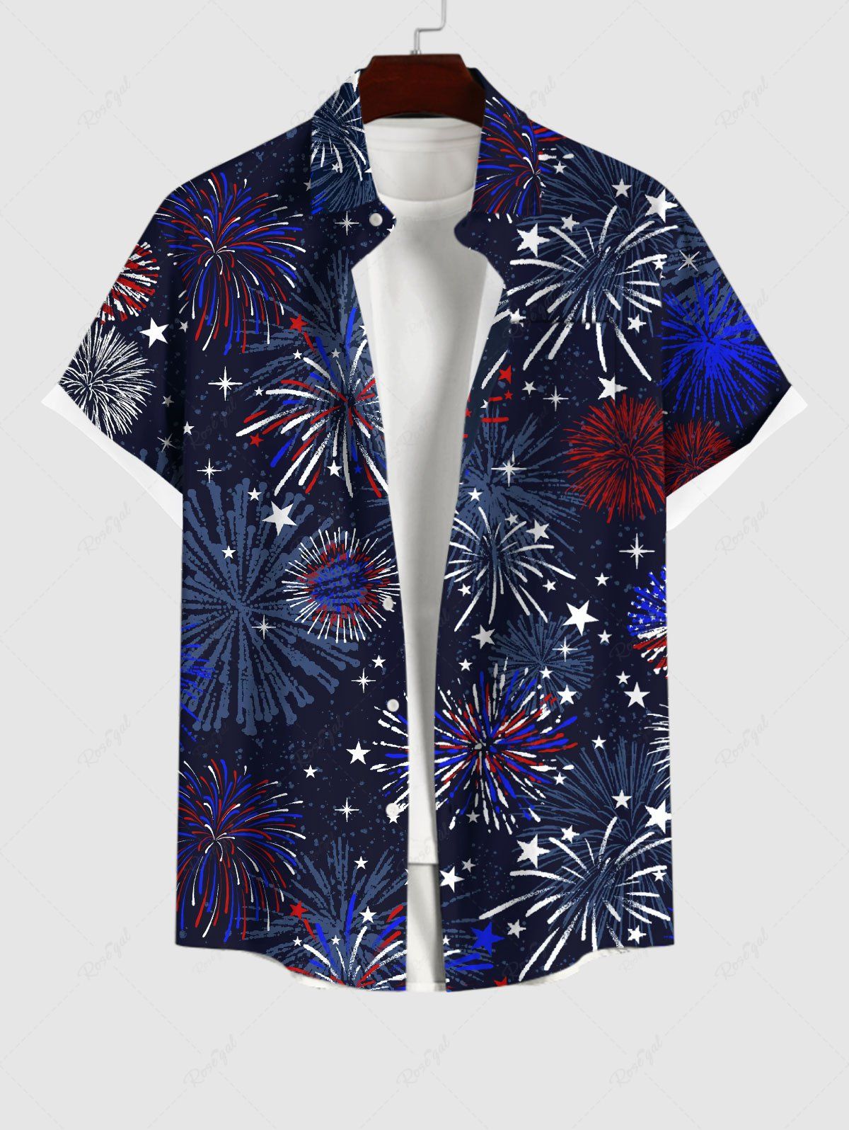 Shops Men's Patriotic American Flag Fireworks Print Buttons Pocket Shirt  