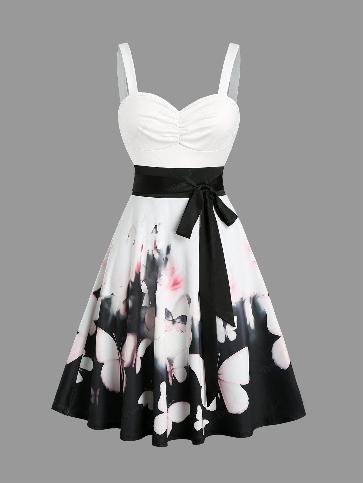 Sale Sweetheart Neck Plum Blossom Print Ruched Bust Tank Belt Dress  