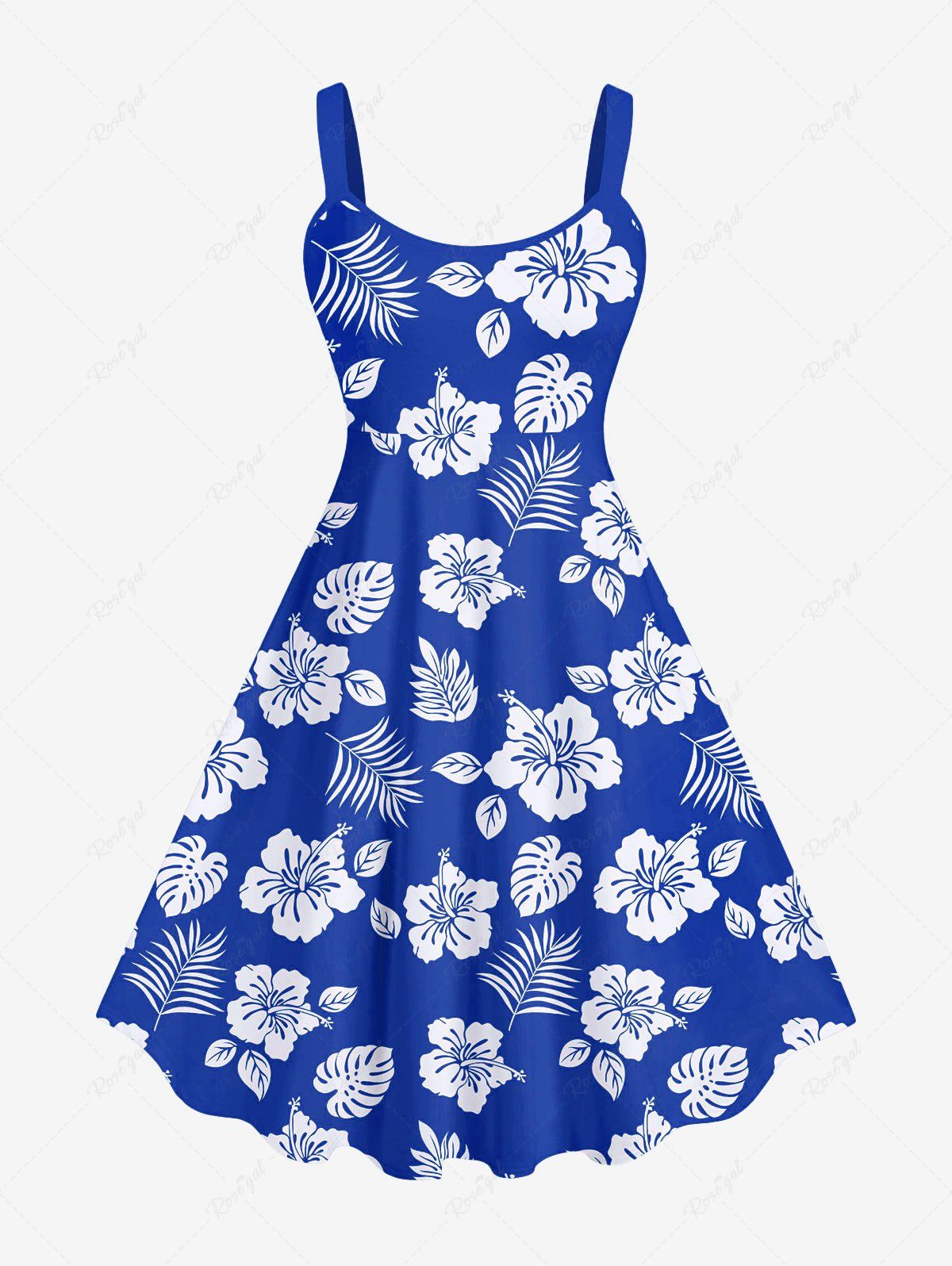 Robe Ligne A Fleur et Noix de Coco Imprimés sans Dos de Grande Taille Bleu 2X
