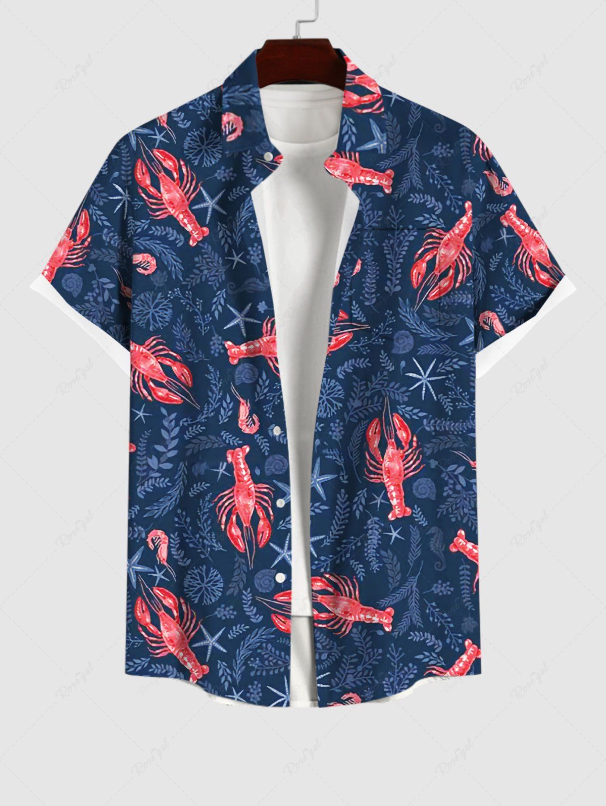Online Plus Size Crayfish Starfish Wheat Head Print Hawaii Sea Creatures Button Pocket Shirt For Men  