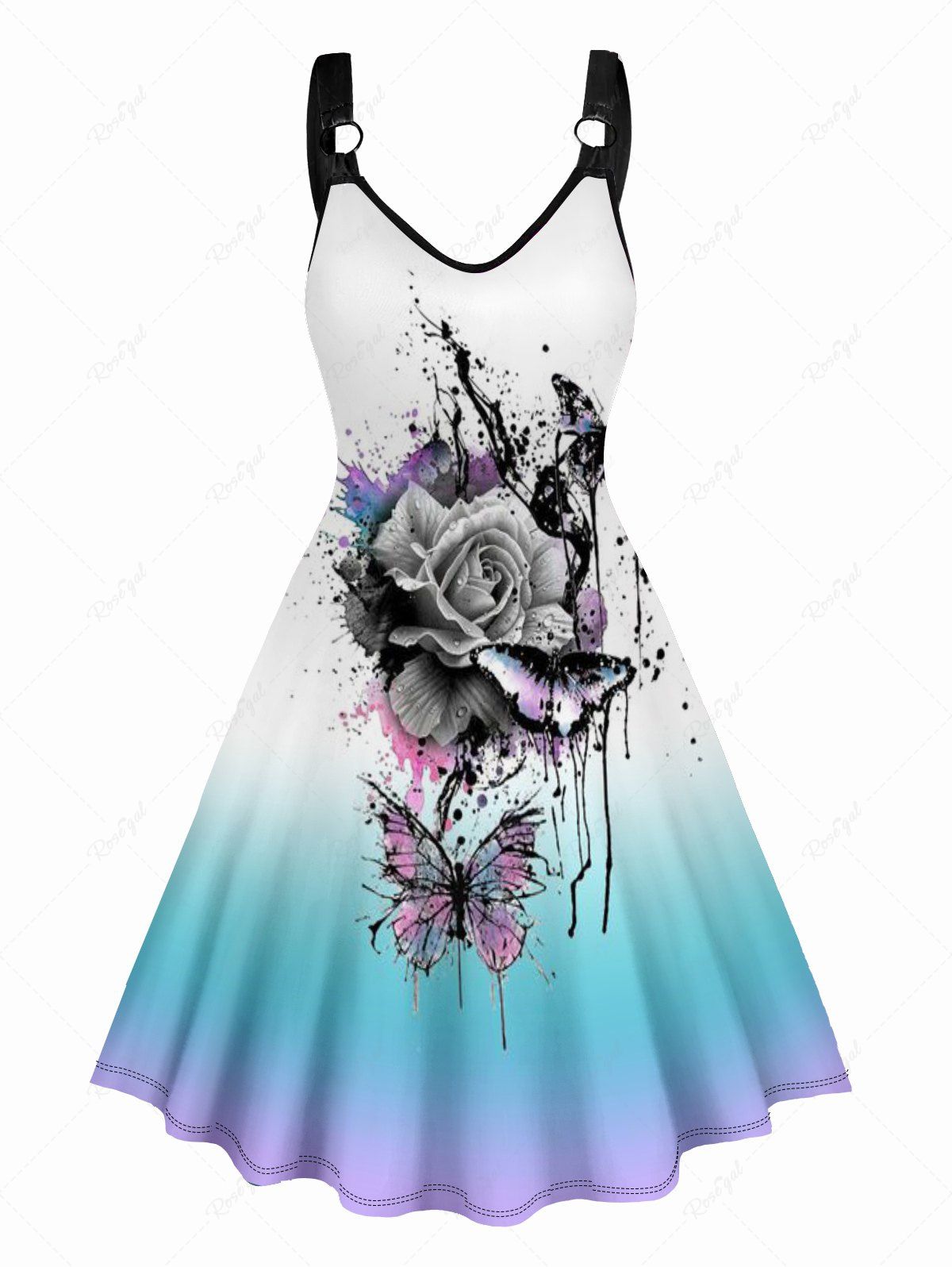 Cheap Splatter Tie Dye Butterfly Rose Print O Ring Straps Tank Dress  