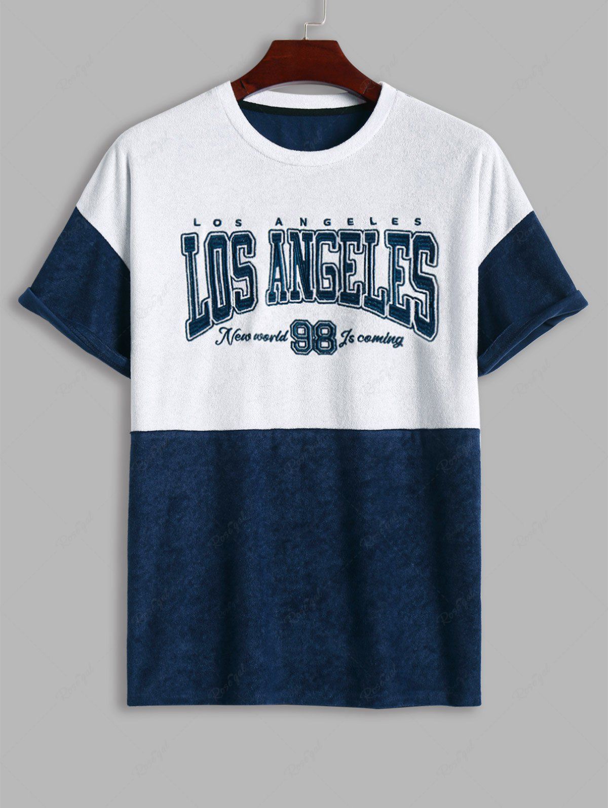 Fancy Men's Terry Cloth Toweling LOS ANGELES Letter Embroidered Colorblock Short Sleeves T-shirt  