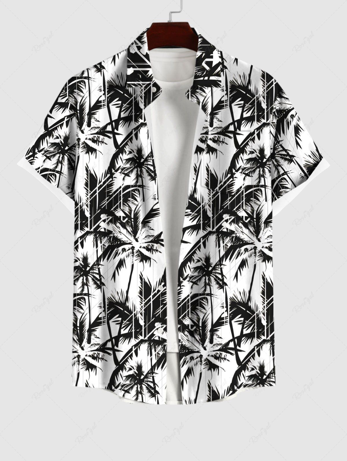 Chemise Décontractée Peinture D'Encre Cocotier Imprimés avec Poche de Grande Taille pour Homme Blanc L