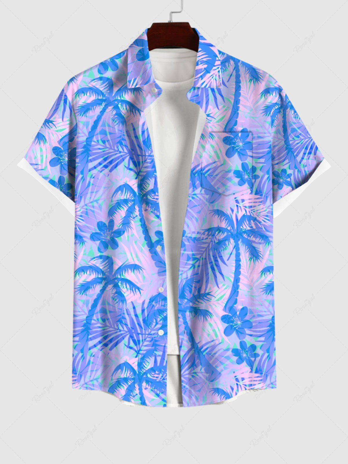 Chemise Décontractée Fleur et Arbre Noix de Coco Imprimés avec Poche de Grande Taille pour Homme Bleu XL