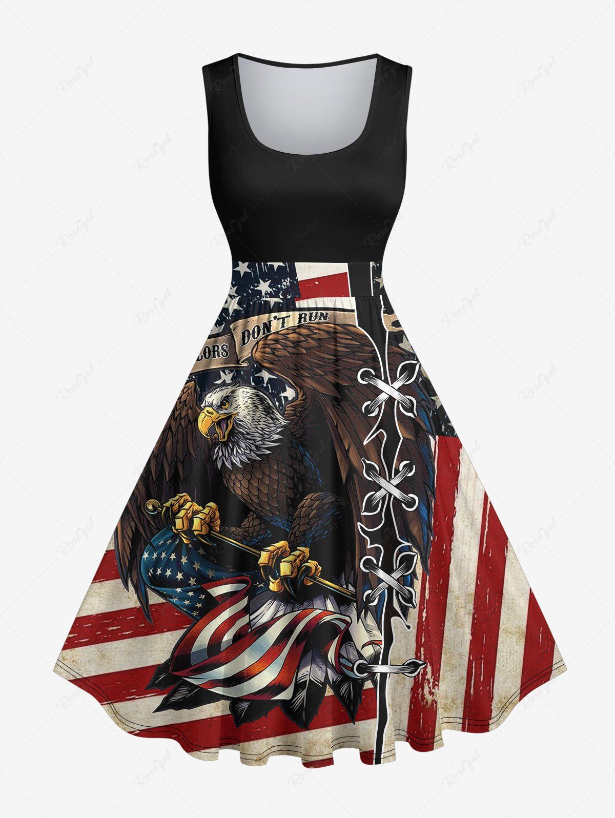 Latest Plus Size Patriotic American Flag Eagle Lace Up 3D Print 1950s Vintage Dress  