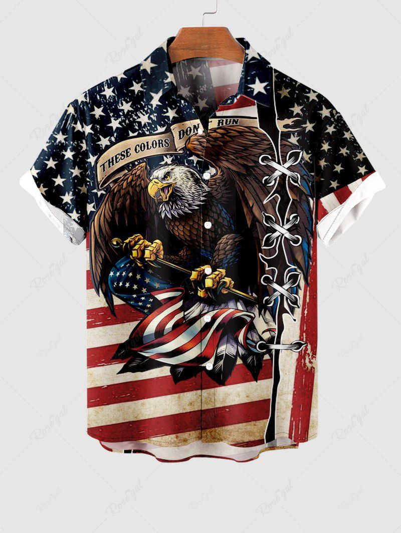 Shops Plus Size Patriotic American Flag Eagle Lace Up 3D Print Buttons Pocket Shirt For Men  