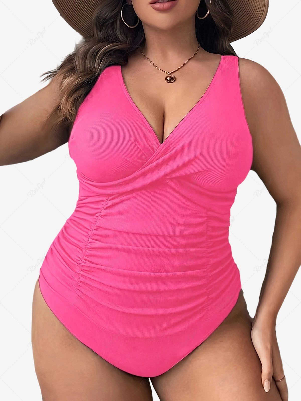 Maillot De Bain 1 Piece Fronce Croise Grande Taille En Rose Clair Rosegal France