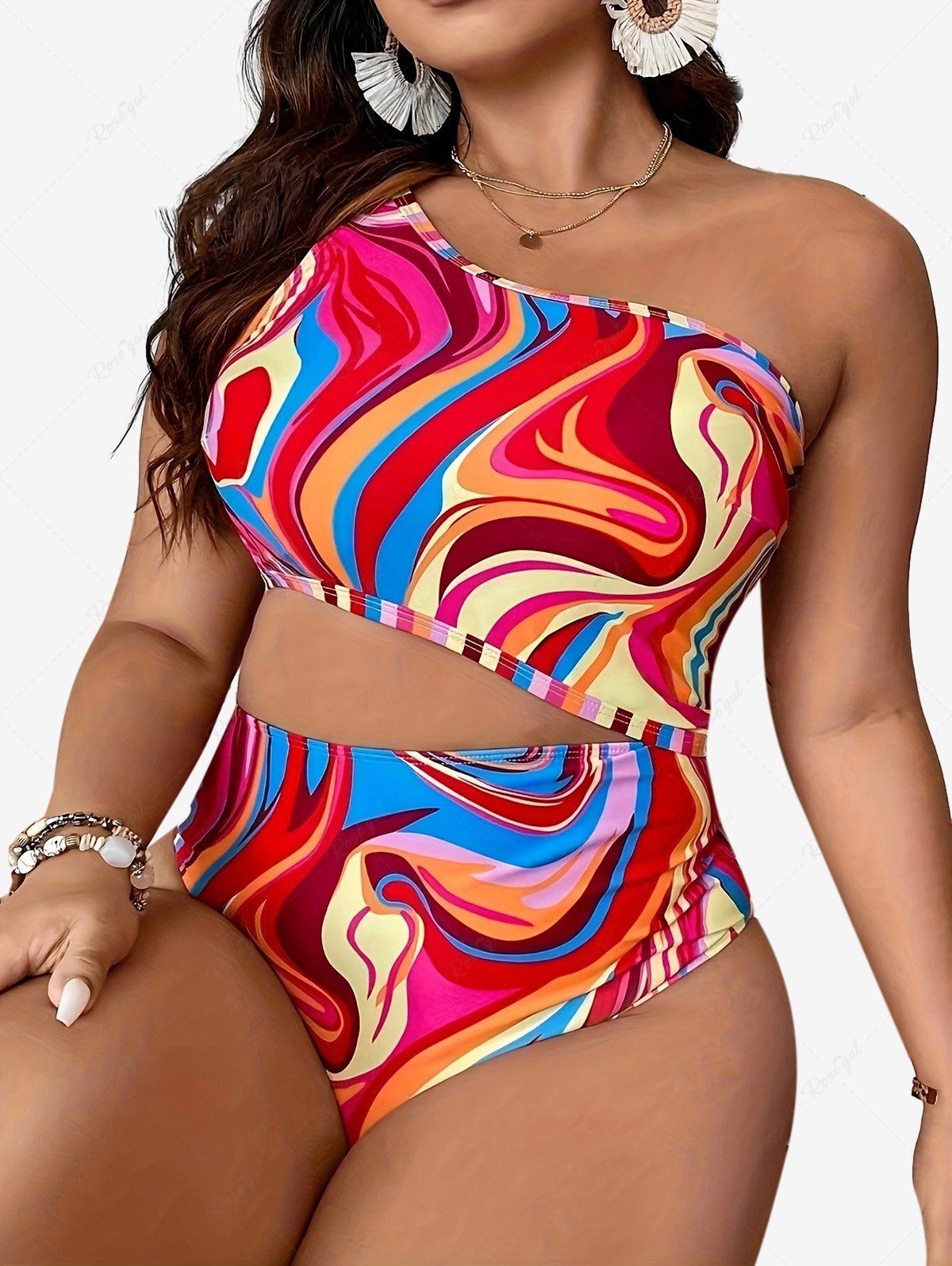 Plus Size Colorful Ribbon Colorblock 3D Print Hollow Out One Shuolder One piece Swimsuit 35 OFF Rosegal