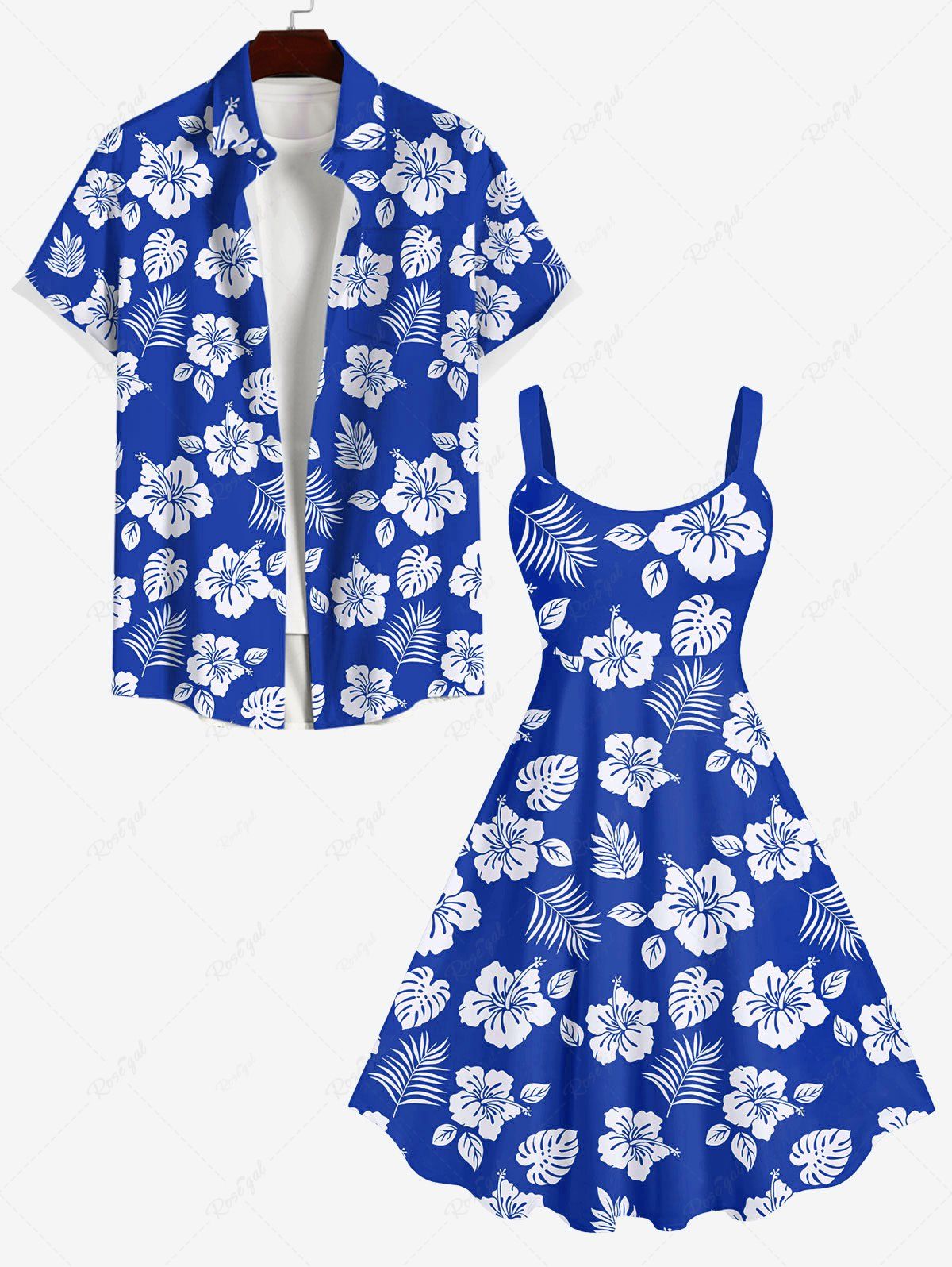 Sale Flower Coconut Leaves Print Plus Size Matching Hawaii Beach Outfit For Couples  