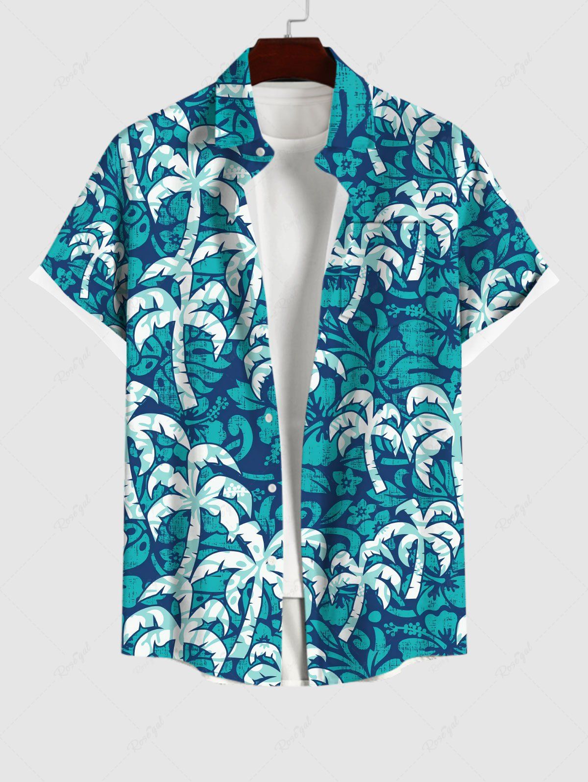 New Plus Size Coconut Tree Print Hawaii Button Pocket Shirt For Men  