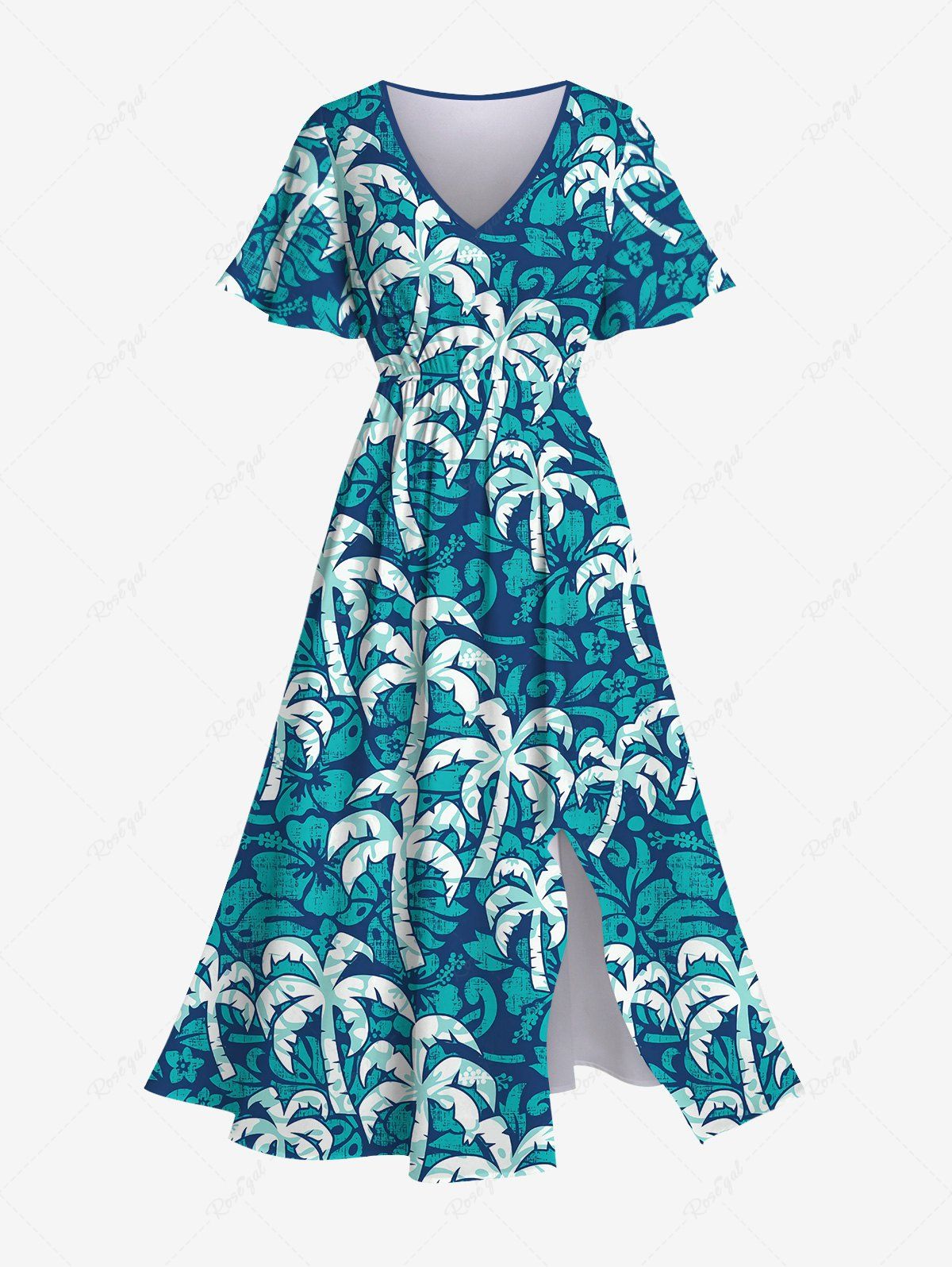 Online Plus Size Coconut Tree Print Hawaii Split Pocket A Line Dress  