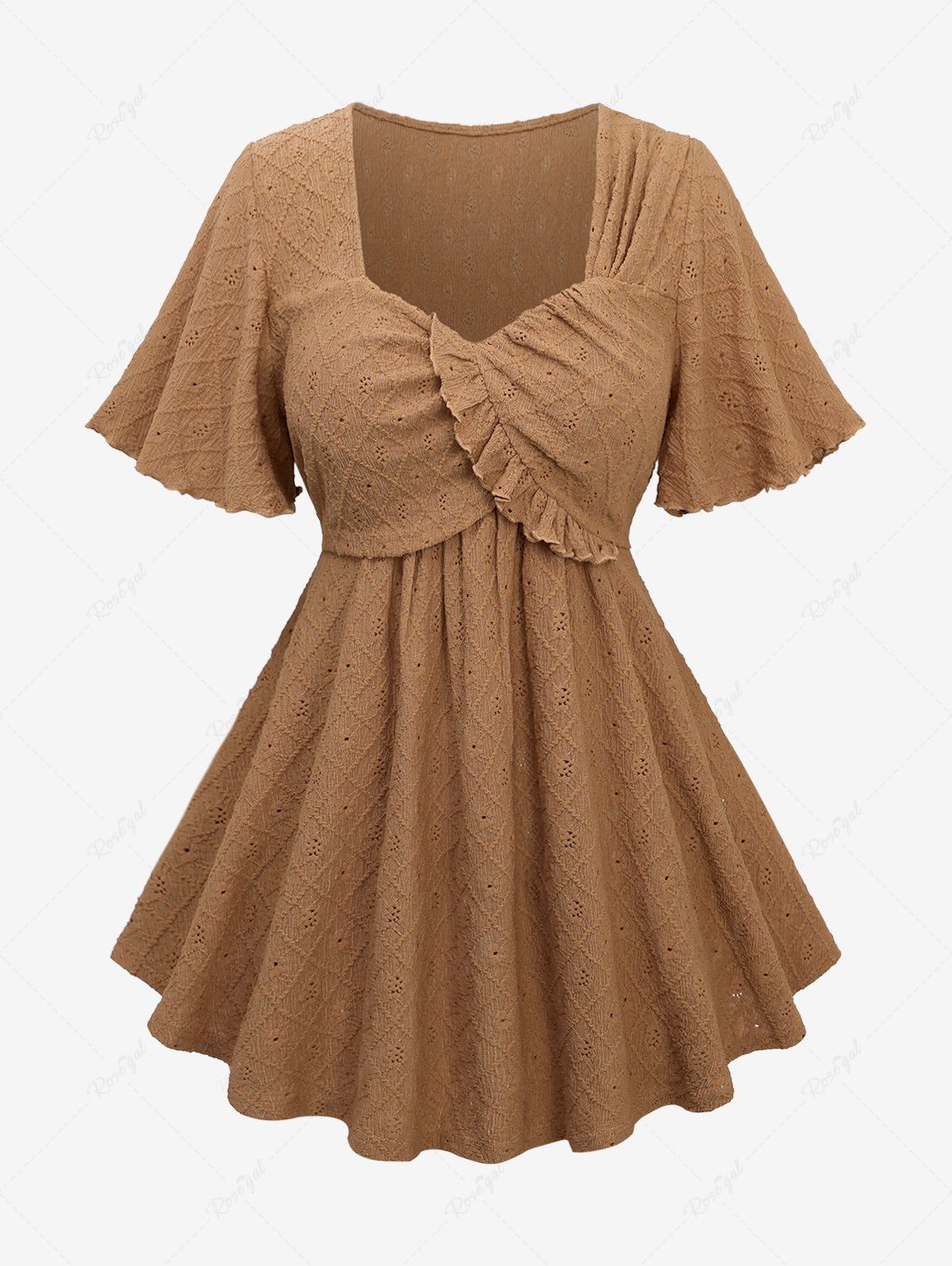Trendy Plus Size Hollow Out Rhombus Embroidery Ruffles Surplice Top  