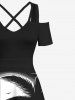 Robe Croisée Peinture D'Encre Cocotier et Oiseau Imprimés de Grande Taille - Noir S