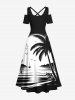 Plus Size Ink Painting Coconut Tree Sun Sea Bird Print Crisscross Cold Shoulder Hawaii Dress -  