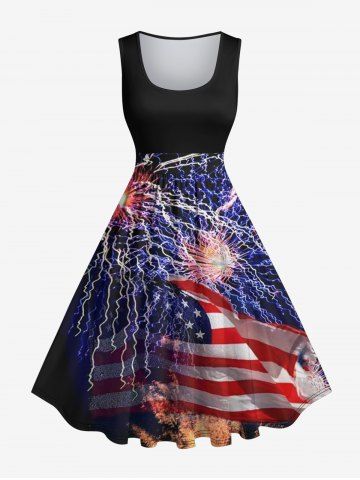 Plus Size Patriotic American Flag Firework Print 1950s Vintage Dress - MULTI-A - XS