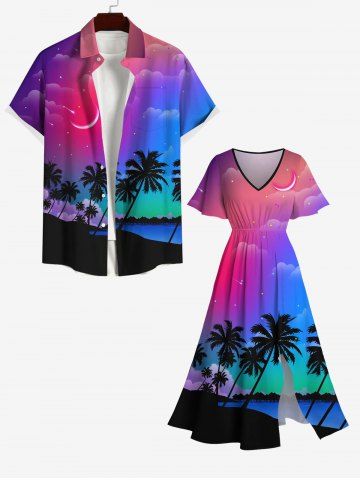 Plus Size Coconut Tree Moon Pattern Ombre Print Split Hawaii Dress