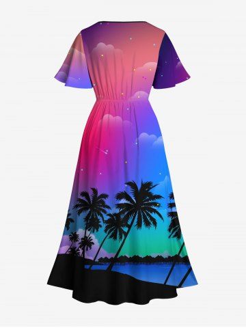 Plus Size Coconut Tree Moon Pattern Ombre Print Split Hawaii Dress