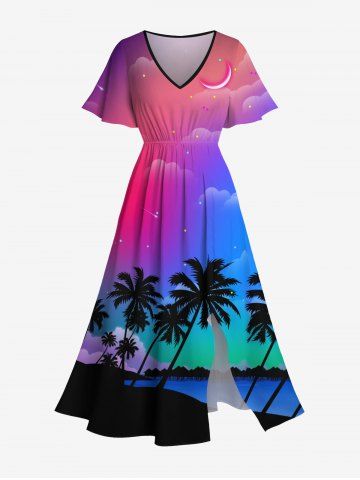 Plus Size Coconut Tree Moon Pattern Ombre Print Split Hawaii Dress