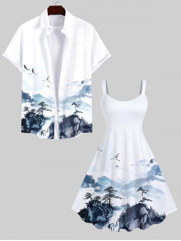 Ink Painting Crane Mountain Print Plus Size Matching Set For Couples - WHITE