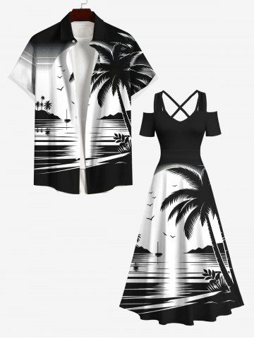 Ink Painting Coconut Tree Sun Sea Bird Print Plus Size Matching Hawaii Beach Outfit For Couples - BLACK