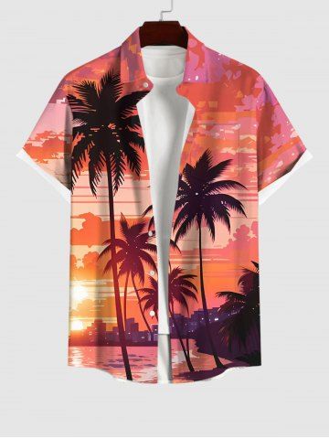 Plus Size Coconut Tree Sea Beach Dusk Print Hawaii Button Pocket Shirt For Men - RED - 2XL