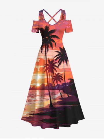 Plus Size Cold Shoulder Coconut Tree Sea Beach Dusk Print Hawaii Crisscross A Line Dress - RED - XS