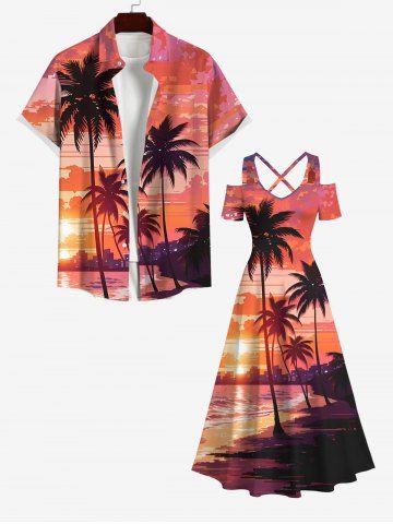 Coconut Tree Sea Beach Dusk Print Plus Size Matching Hawaii Beach Outfit For Couples - RED