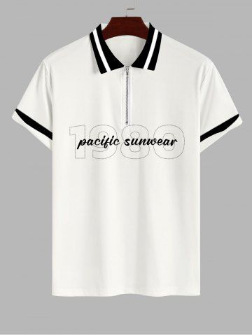 Men's 1980 Letters Print Zipper Polo Shirt - WHITE - XS