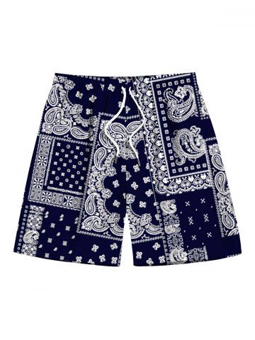 Plus Size Paisley Scarf Graphic Print Drawstring Beach Shorts For Men - BLACK - M