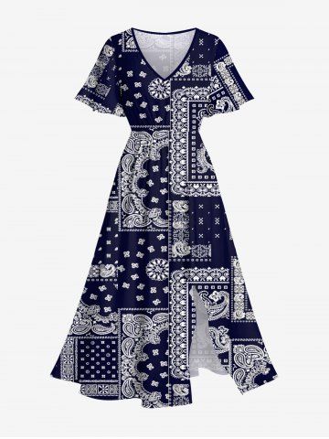 Plus Size Paisley Scarf Graphic Print Split Pocket A Line Dress - BLACK - XS