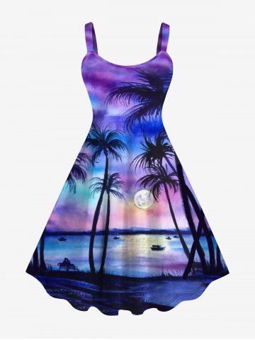 Plus Size Full Moon Coconut Tree Ombre Print Backless Hawaii Tank Dress - MULTI-A - XS