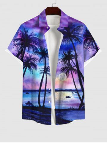 Plus Size Full Moon Sea Coconut Tree Ombre Print Hawaii Shirt For Men - MULTI-A - M