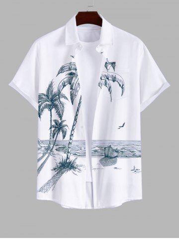 Plus Size Coconut Tree Sea Boat Bird Print Buttons Pocket Hawaii Shirt For Men - WHITE - S